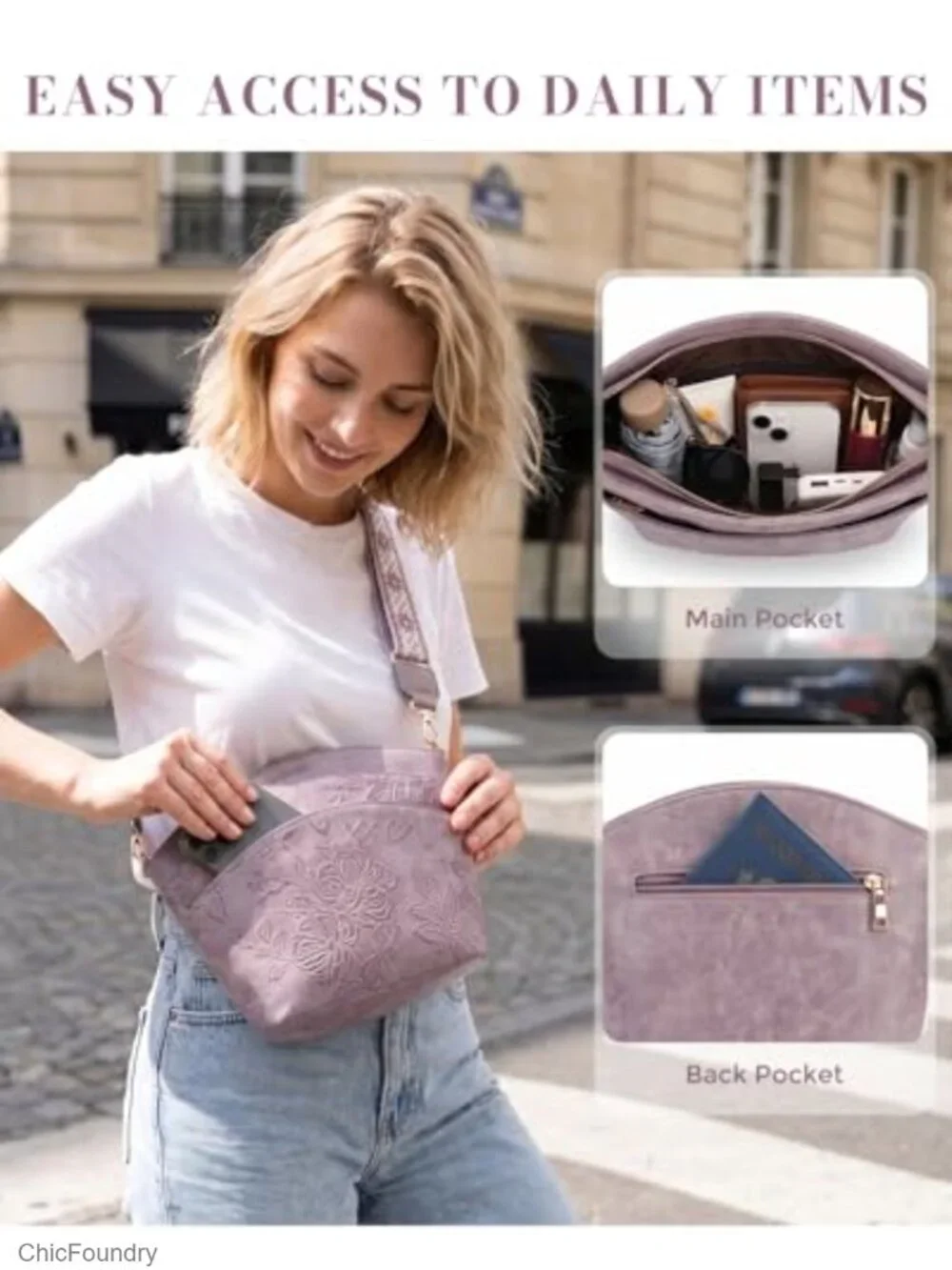 Vegan Leather Crossbody Bag for Women with Embossed Floral Design Medium Purse,